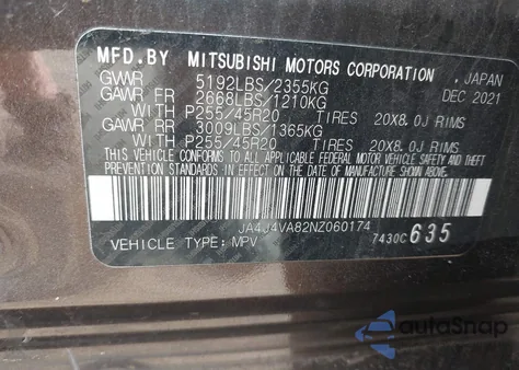 2022 Mitsubishi Outlander Sel/Sel Special Edition z USA, uszkodzony, nr VIN JA4J4VA82NZ060174